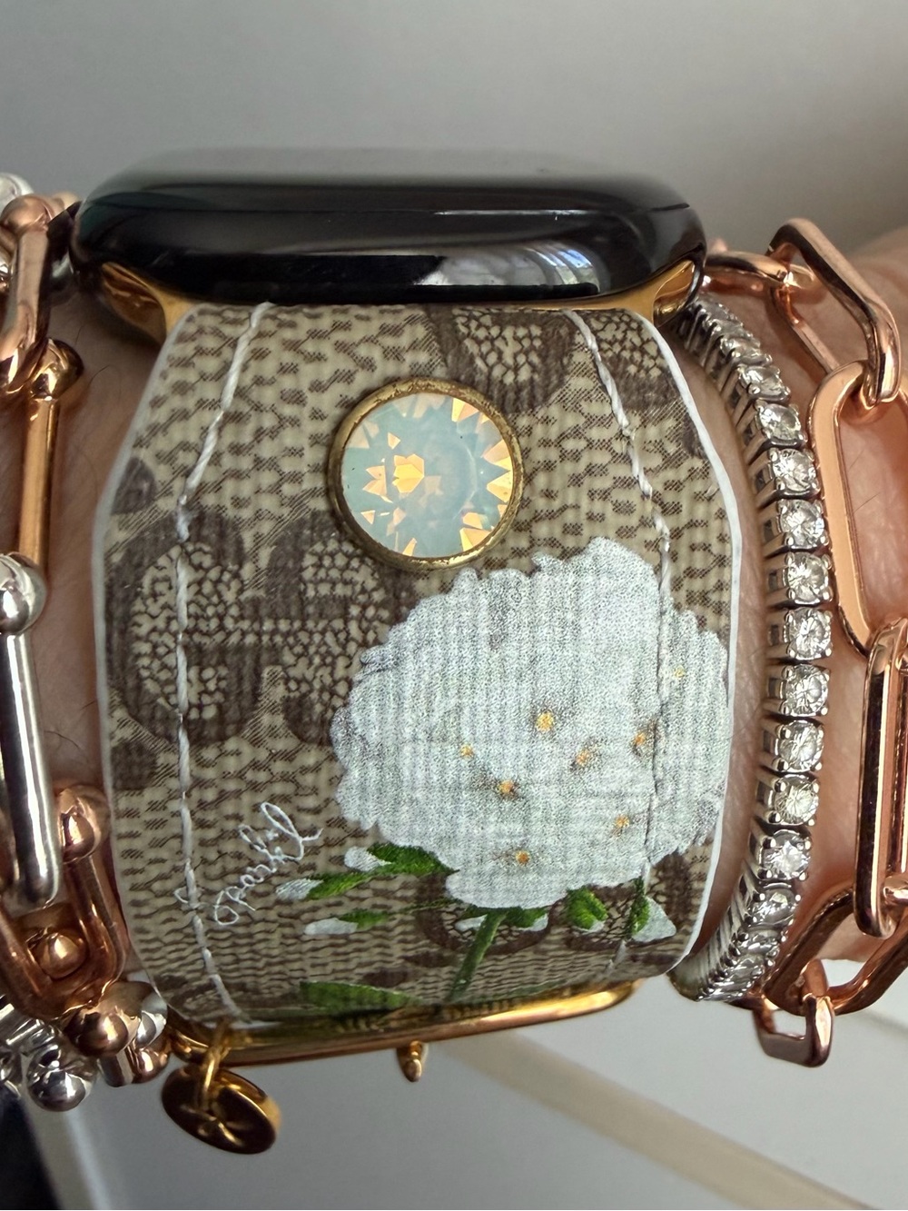 White Blooms on Gucci Canvas Spark*l band for Apple Watch, size 2